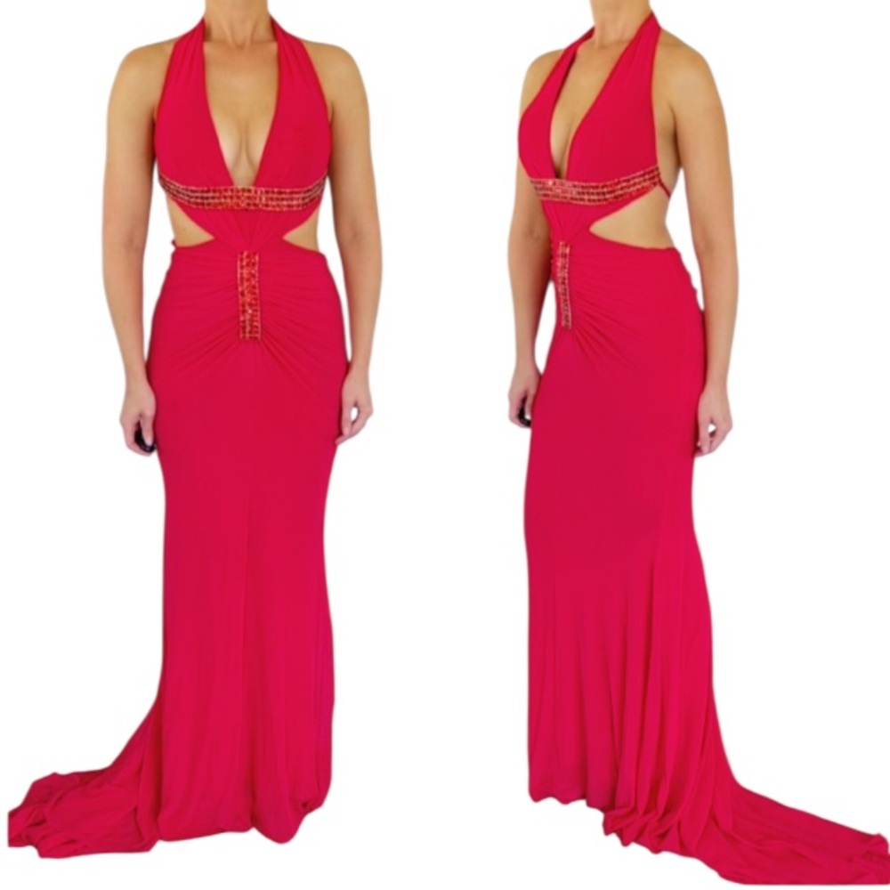 SCALA red mesh beaded cut out plunge neckline formal full length gown size 4